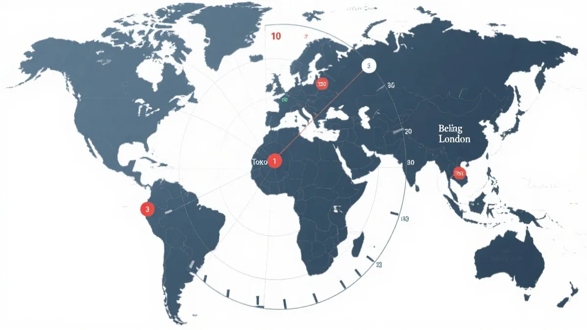 世界地图与时区线，标注北京伦敦东京与北美的时间换算